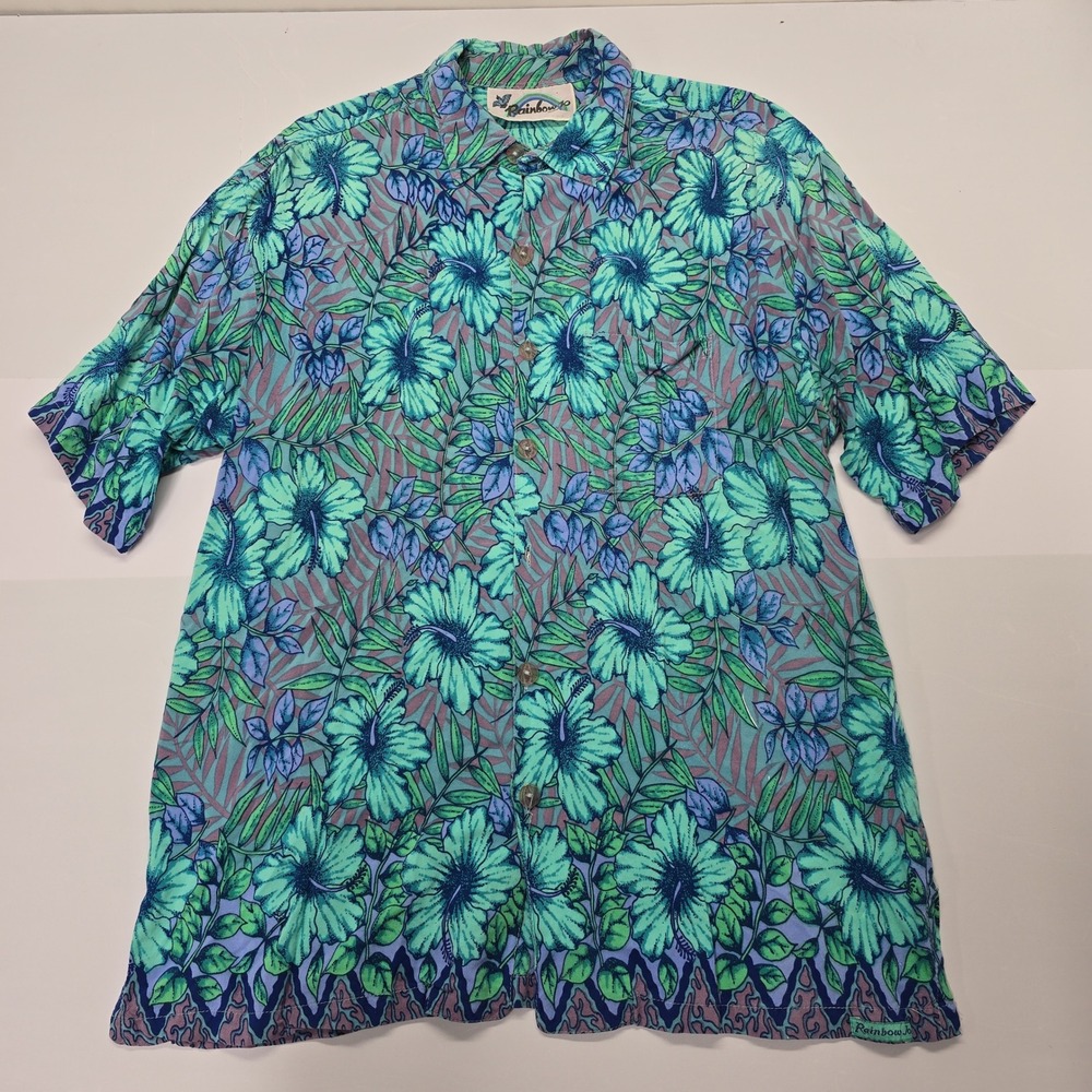 Rainbow‎ Jo Vintage Mens Large Hawaiian Shirt Blue Green Hibiscus Floral Aloha